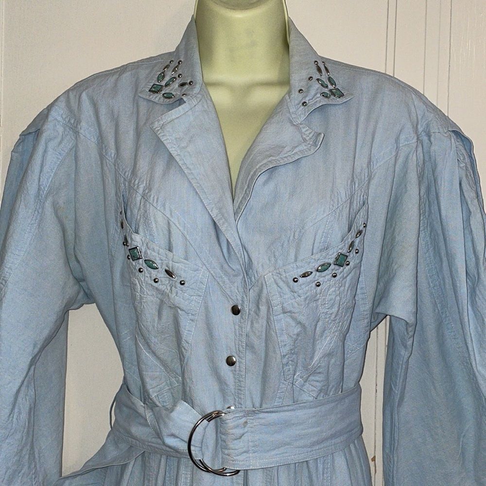 Vtg 80s/90s Karen Alexander light blue cotton western dress with‎ silver studs - Picture 4 of 16